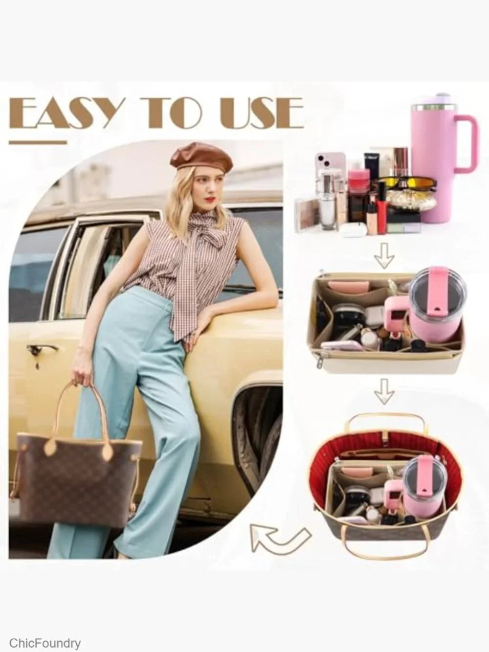 Large Felt Handbag Organizer Insert with Water Bottle Holder for Tote
